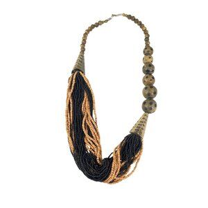 Handcrafted Beaded Multi-Strand Necklace With Wooden & Cone Accents